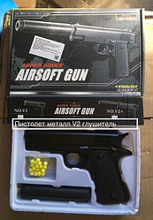 Пистолет с глушителем металлический пневматический Сolt 1911 AirSoft Gun V2+
