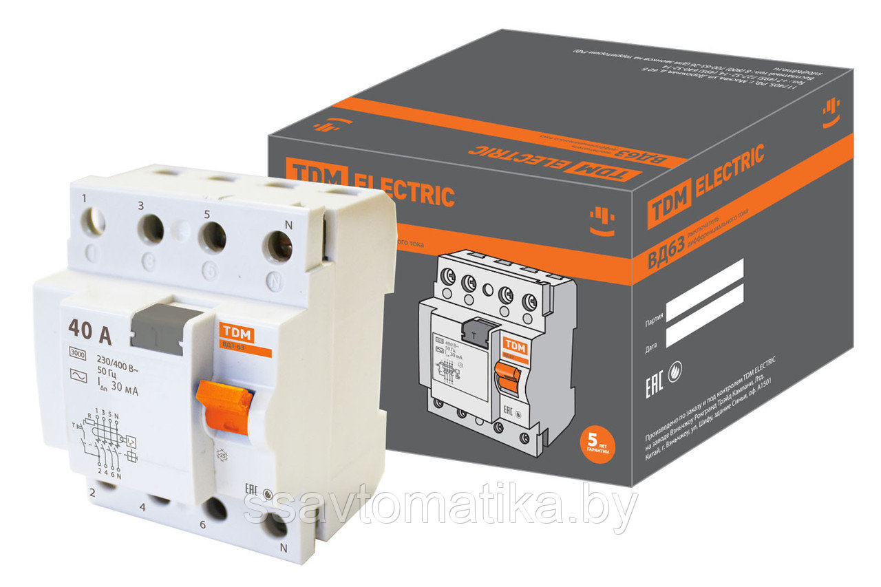 Выключатель дифференциальный УЗО ВД63 (электронный) 4P, 40А, 30мА.