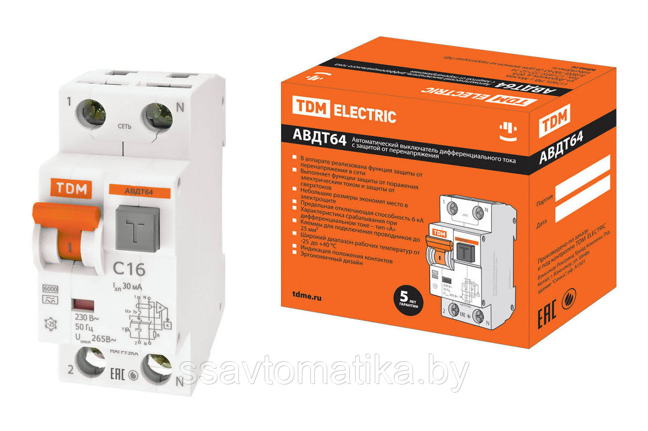 Автоматический выключатель дифференциального тока АВДТ 64 C16 30мА TDM - фото 1 - id-p66000519