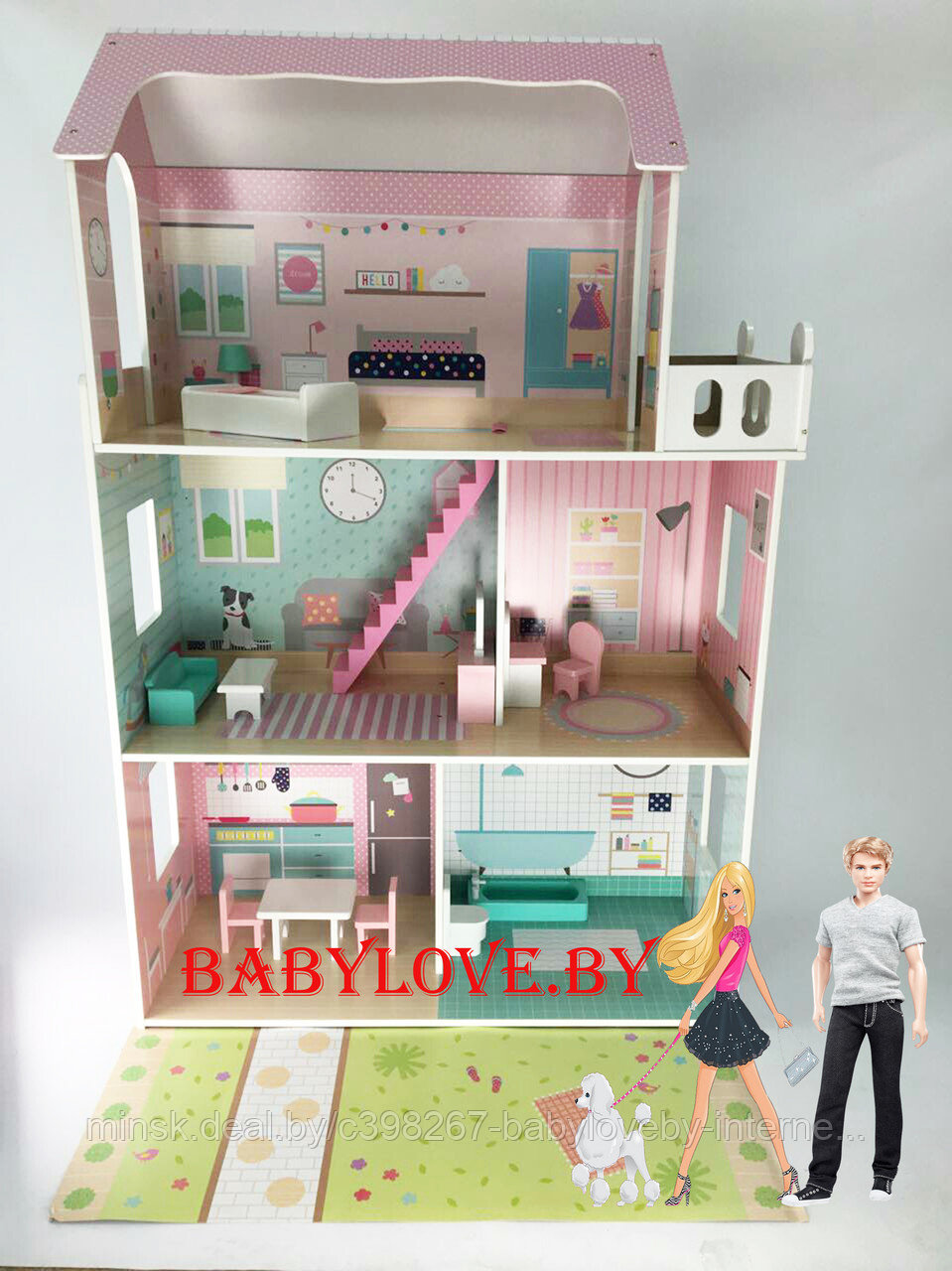 Деревянный домик  для кукол Барби 3 этажа с мебелью и аксессуарами VT174-1154