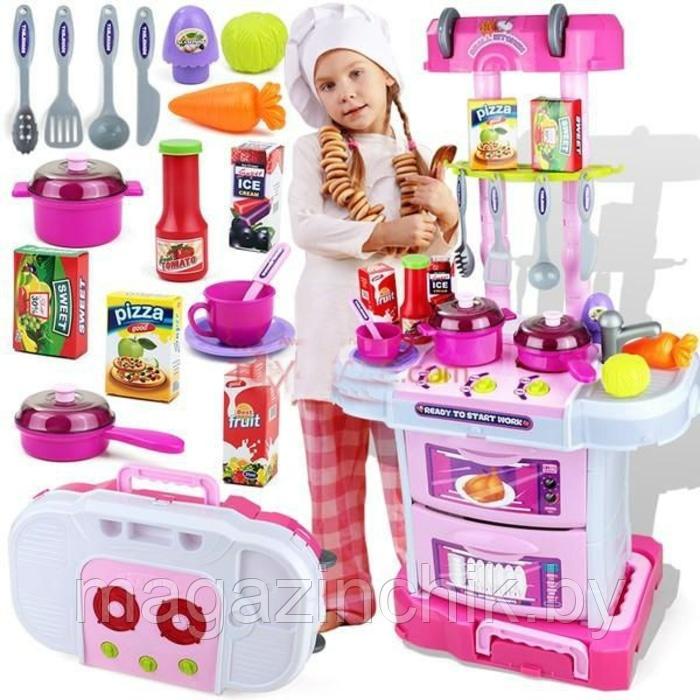 Детская кухня w097 со светом и звуком, розовая, складывается в чемодан - фото 1 - id-p66739924