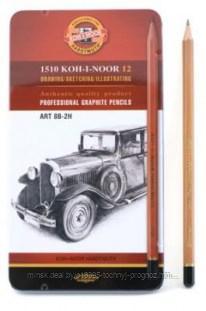 Карандаши чернографитовые профессиональные KOH-I-NOOR, набор 12 шт., тв.8В-2Н, в металлической коробке