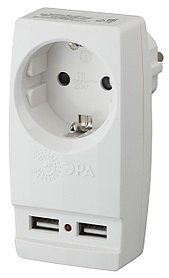 SP-1e-USB-W  ЭРА Адаптер "Polynom" 1гн 220V + 2xUSB 2100mA, c заземл, (белый)