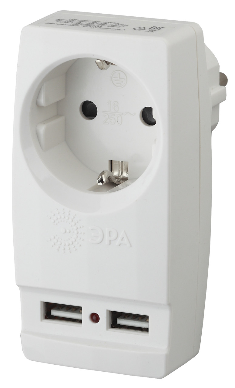 SP-1e-USB-W ЭРА Адаптер "Polynom" 1гн 220V + 2xUSB 2100mA, c заземл, (белый) - фото 1 - id-p66766552