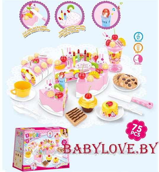 Детский игровой набор сладостей и торта"Happy Birthday " 75 предметов 889-19 А/b свет-звук