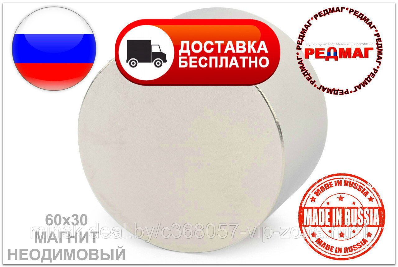 Купить Неодимовый магнит D60x30 N45 "Редмаг" Россия В ПОДАРОК МАГНИТ 20Х3 ММ