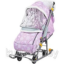 Санки-коляска Ника детские складные «НашиДетки» с колесами розовые снежинки