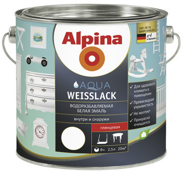 Alpina Weisslack шелковисто матовая или глянцевая Водоразбавляемая белая эмаль 2.5л