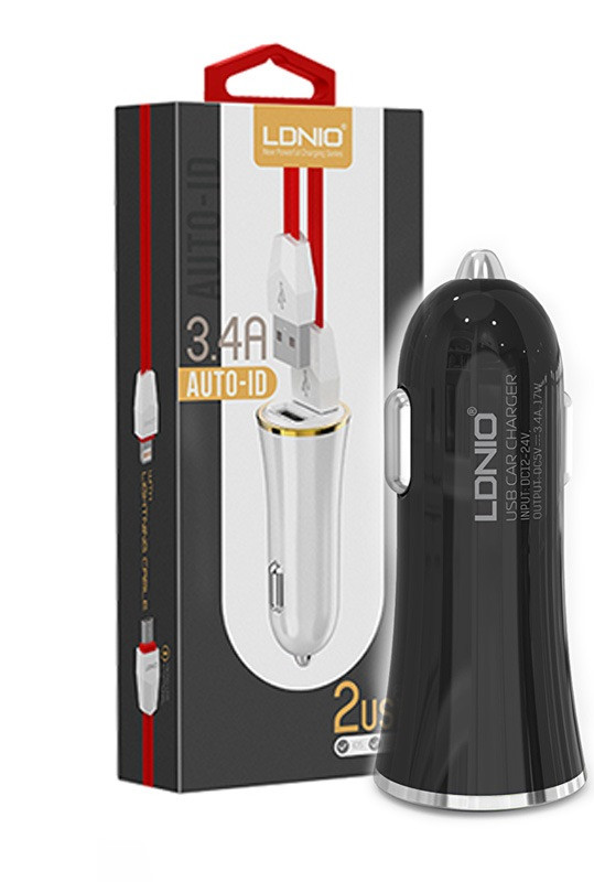 Автомобильное зарядное устройство LDNIO Dual USB + Lighting кабель (DL-C28) 3.4A