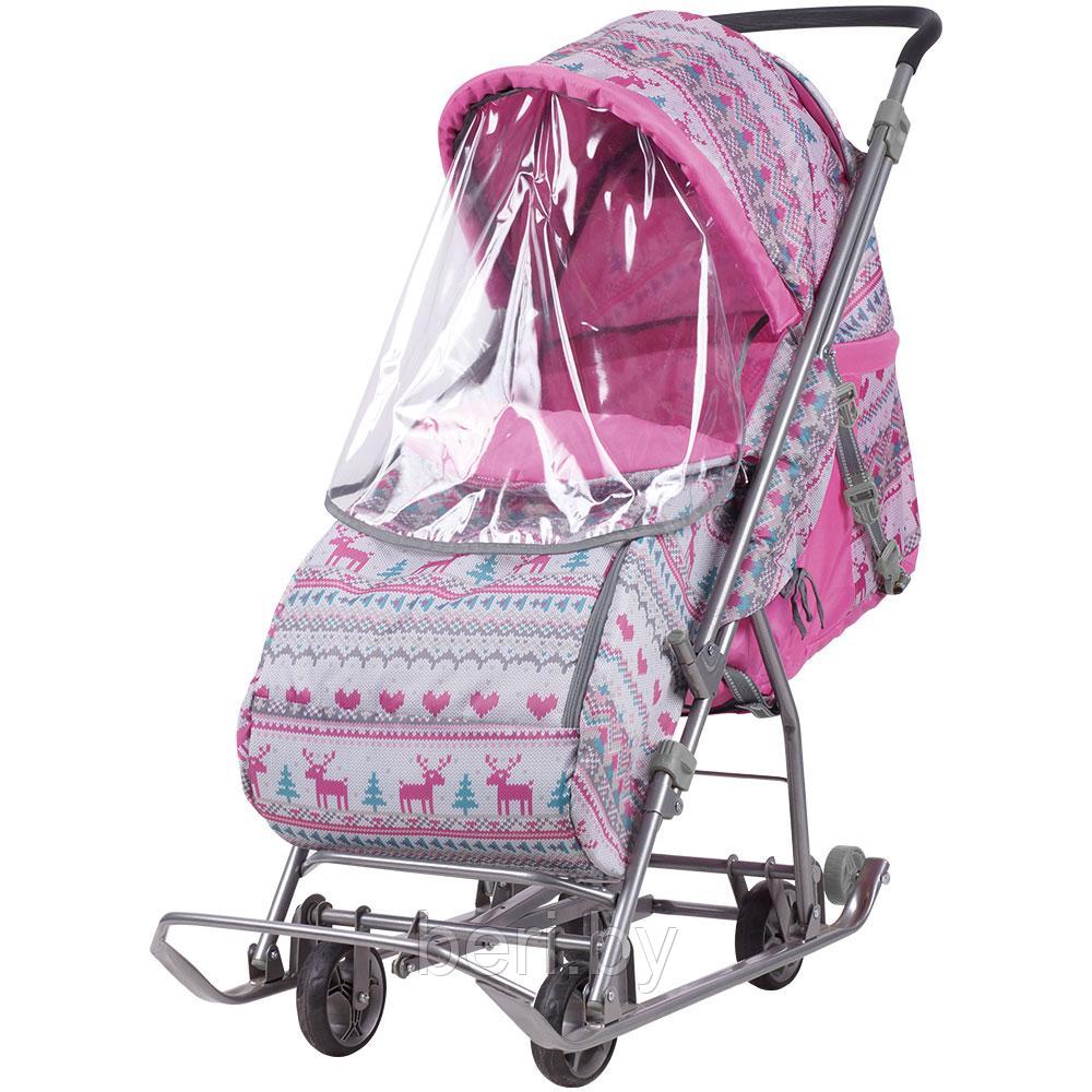 Санки-коляска детские Ника "Умка 3-1" складные с большими колесами, перекидная ручка Вязанный розовый
