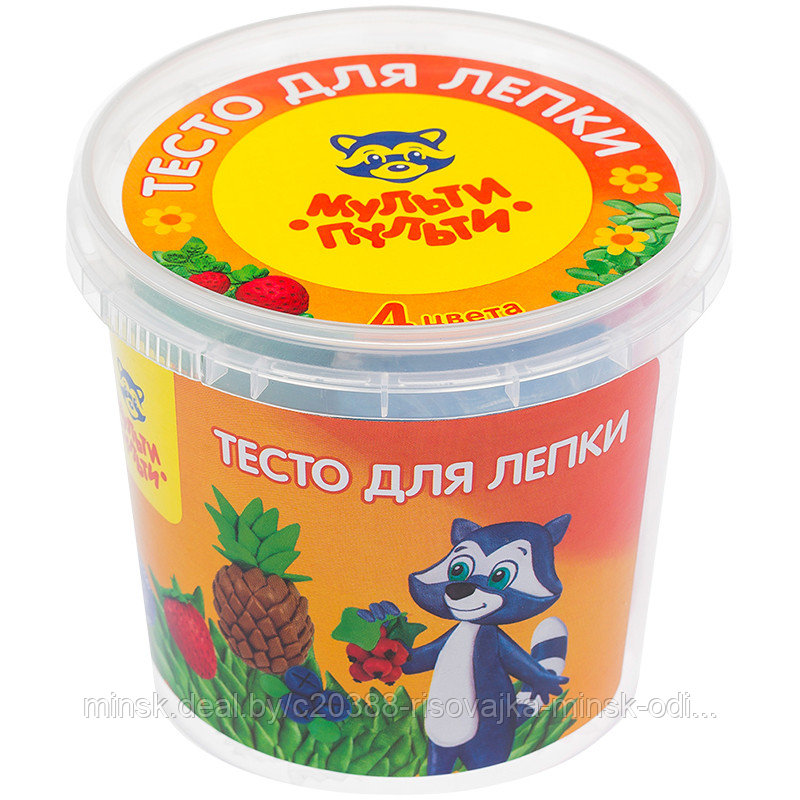 Тесто для лепки Мульти-Пульти "Енот в деревне", 4 цвета*60г, пластиковое ведро