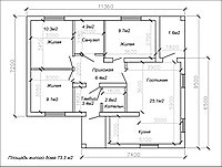 Проект одноэтажного жилого дома с двухскатной кровлей 73.3м2