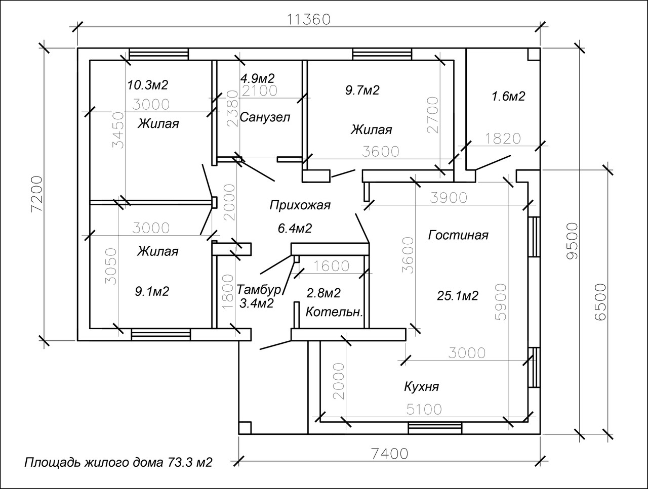 Проект одноэтажного жилого дома с двухскатной кровлей 73.3м2 - фото 1 - id-p68630055