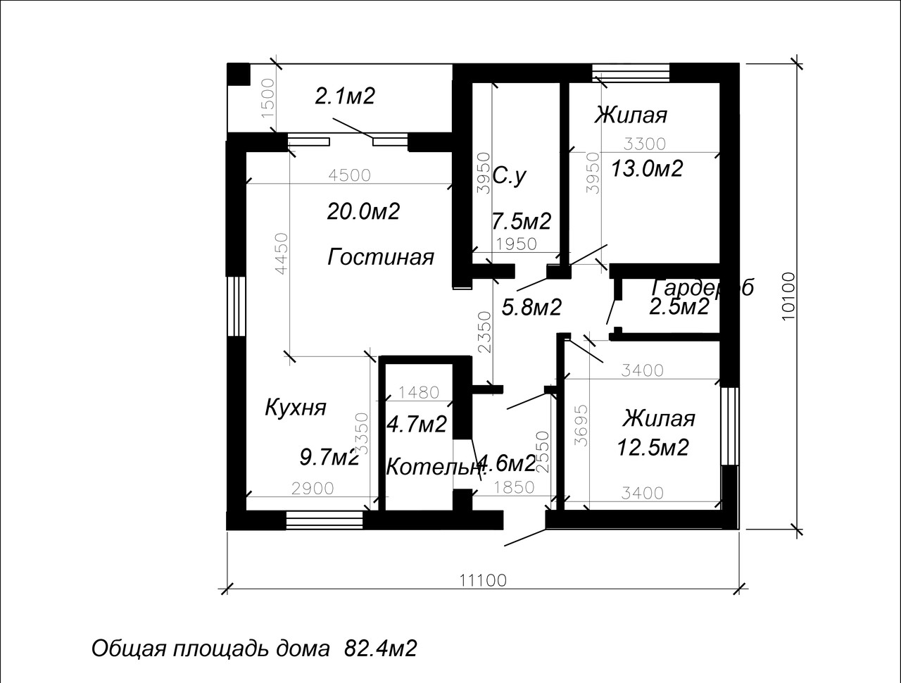 Готовый проект одноэтажного жилого дома 82.4м2 - фото 2 - id-p68650638