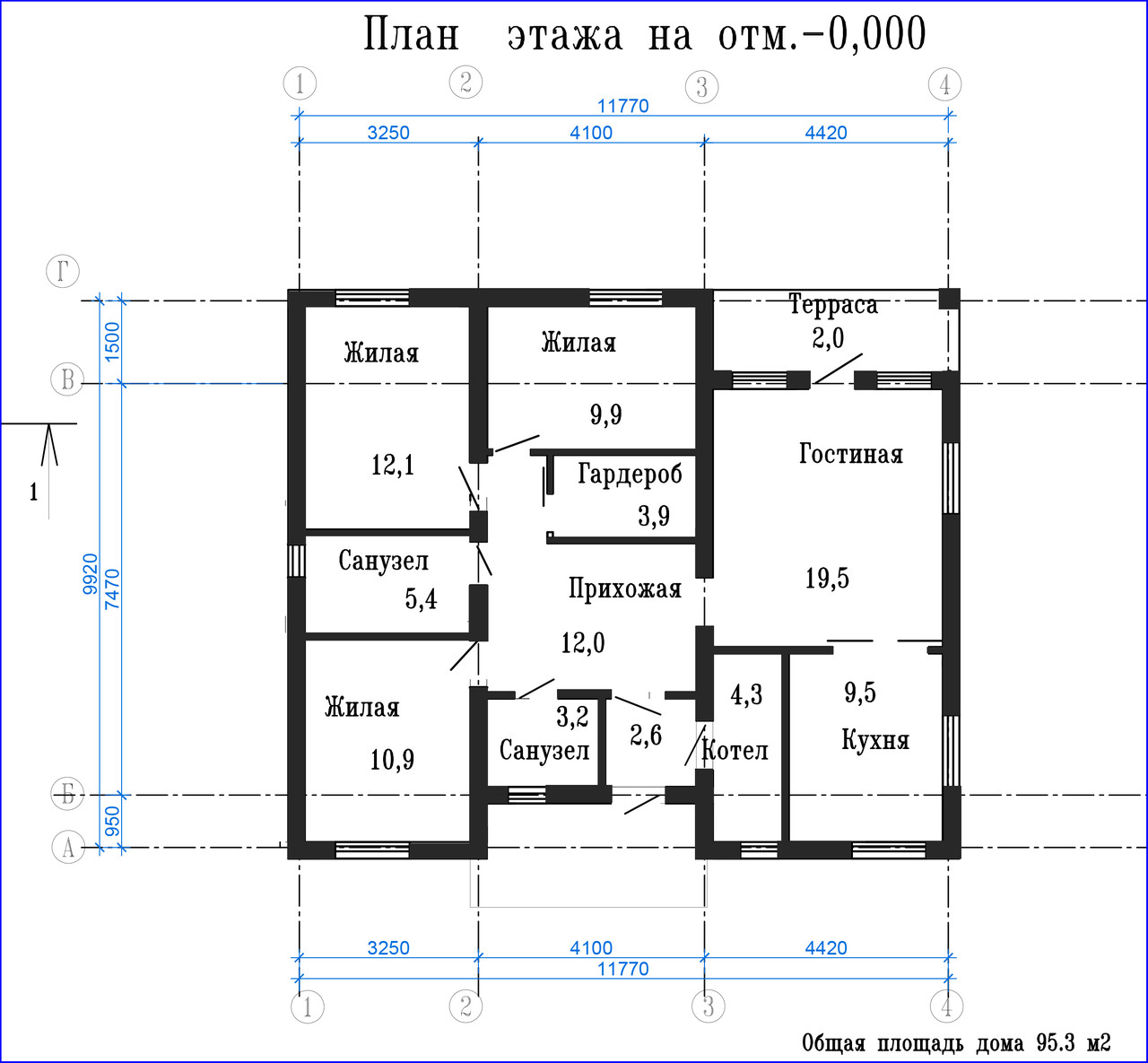 Одноэтажный жилой дом-95.3м2