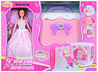 Детский игровой набор Кукла шарнирная Anily + сумочка-шкаф + мебель и аксессуары Спальня для принцессы 99047
