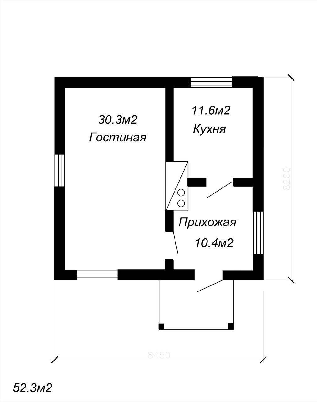 Проект одноэтажного жилого дома 52.3м2