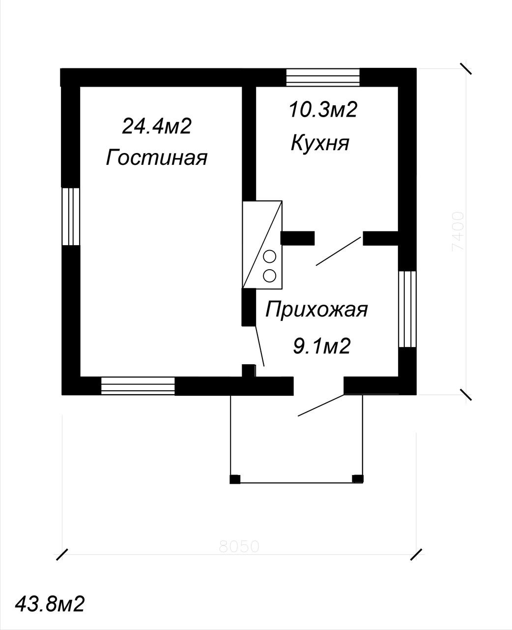 Проект одноэтажного жилого дома 43.8м2