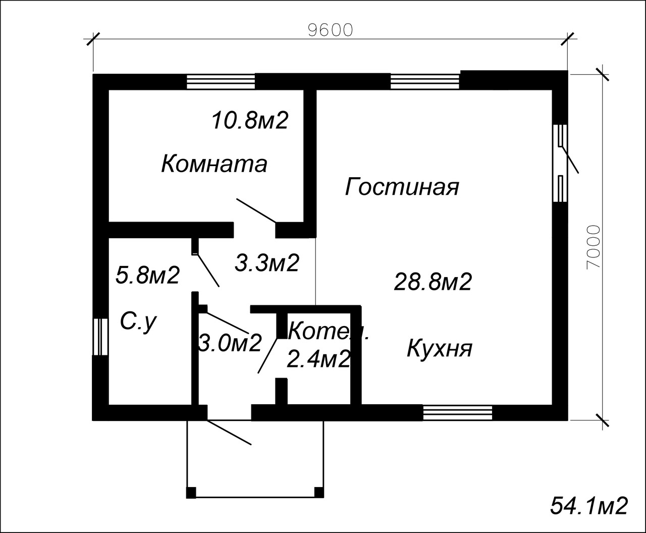 Проект одноэтажного жилого дома 54.1м2