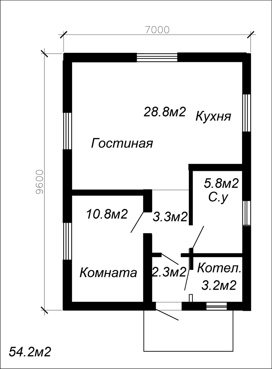 Проект одноэтажного жилого дома 54.2м2