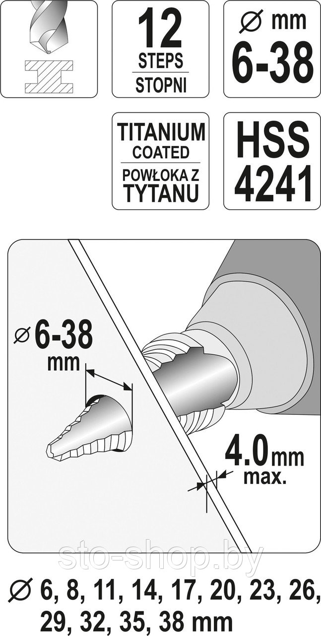 Сверло по металлу ступенчатое 6-38мм HSS-TiN Yato YT-44740 - фото 2 - id-p68955401