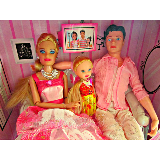 В комплекте: 3 куклы (кукла-папа, кукла-мама, кукла-дочка) диван, множество аксессуаров.