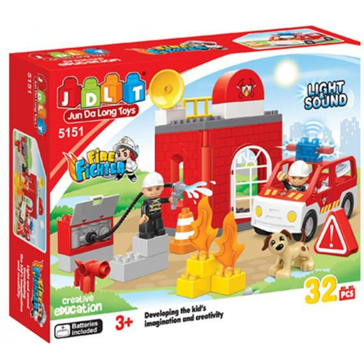 Конструктор JDLT 5151 Пожарная машина, 32 дет, звук, свет, аналог Lego Duplo - фото 1 - id-p69660262