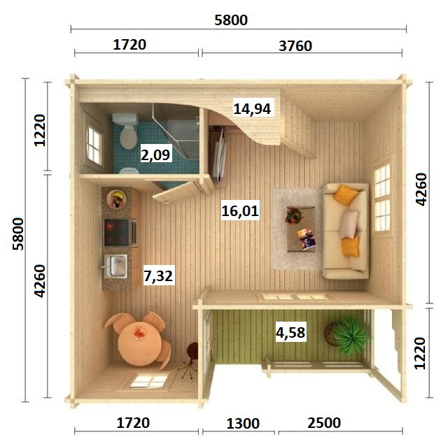 Летний дом "ИНЕССА" 6х6м (40.36 + 4,58 m²). Любые виды кровли - фото 7 - id-p61830463