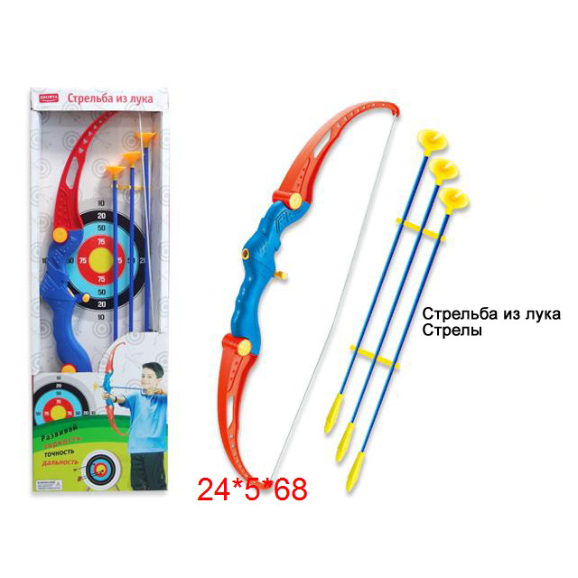 В набор входит разноцветный лук, три пластиковые стрелы с присосками и яркая мишень. 
