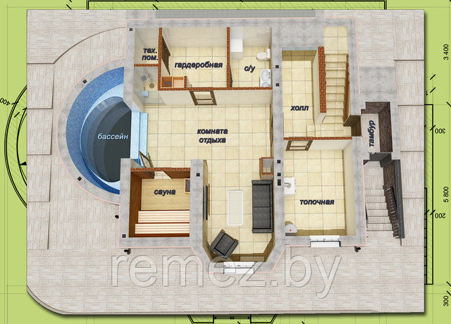 План цокольного этажа с сауной и бассейном (купелью) под домом.