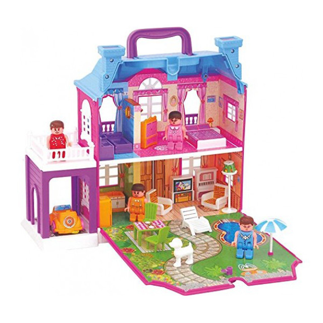 Двухэтажный кукольный домик с мебелью для кукол, состоящий из 4 комнат и террасы.