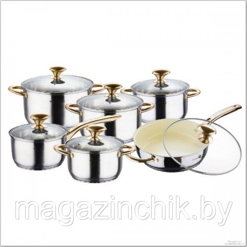 Набор посуды с керамической сковородой WELLBERG WB 1062 нержавеющая сталь 12 пр. купить в Минске - фото 1 - id-p3212999