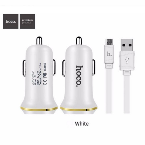 Автомобильное зарядное устройство HOCO Z1, 2.1A, 2 USB + кабель micro USB, white