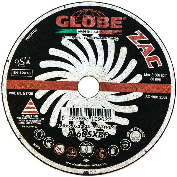 Отрезной абразивный круг GLOBE ZAC 180x2,0x22.2 A60SX, фото 1