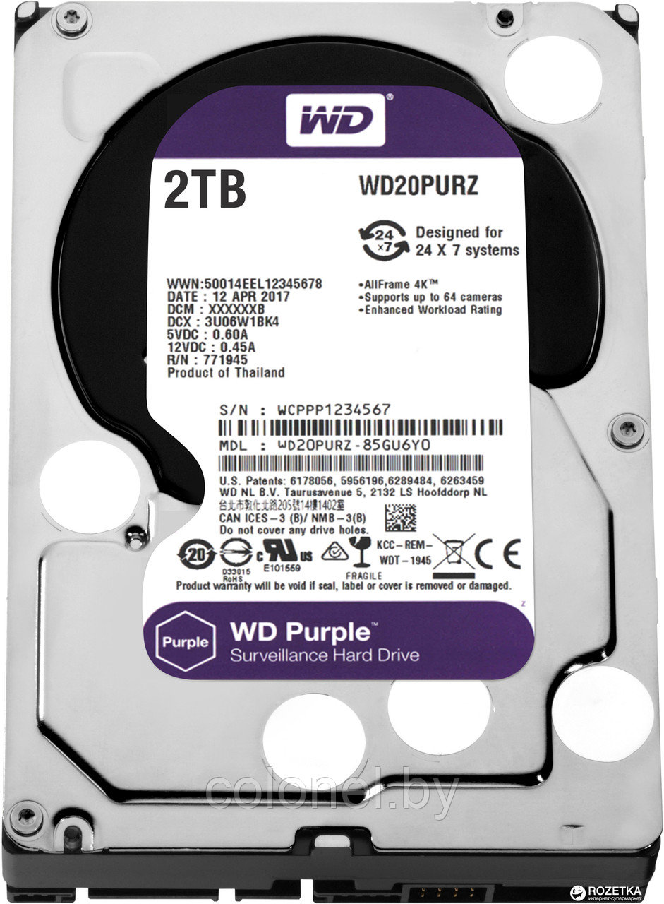 Жесткий диск SATA - 2TB WesternDigital WD20PURZ; 64Mb; Purple (для видеонаблюдения) - фото 1 - id-p72023886