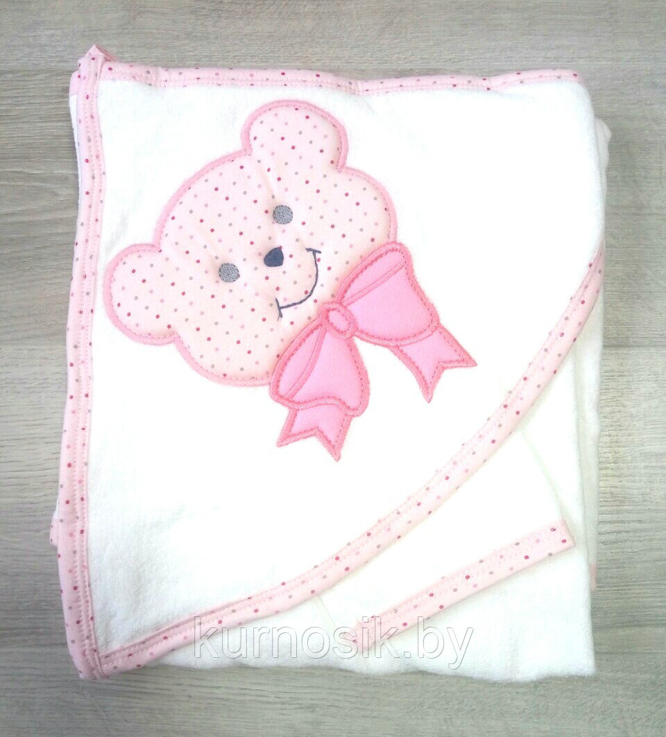 Полотенце-уголок с рукавичкой "Мишка розовый" 90*90 с вышивкой
