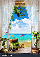 Вид за окном, море, лодка, цветы