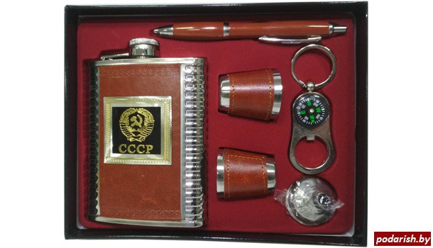 Подарочный набор СССР коричневый (фляга, воронка, 2 рюмки, компас, ручка)