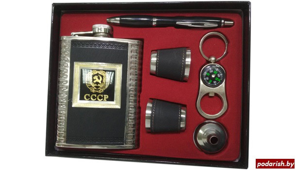 Подарочный набор СССР черный (фляга, воронка, 2 рюмки, компас, ручка) - фото 1 - id-p73613782